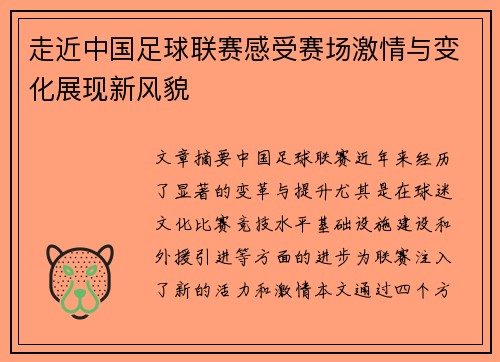 走近中国足球联赛感受赛场激情与变化展现新风貌