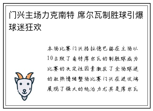 门兴主场力克南特 席尔瓦制胜球引爆球迷狂欢