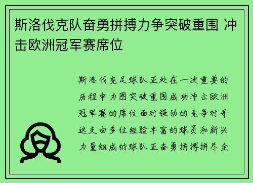 斯洛伐克队奋勇拼搏力争突破重围 冲击欧洲冠军赛席位